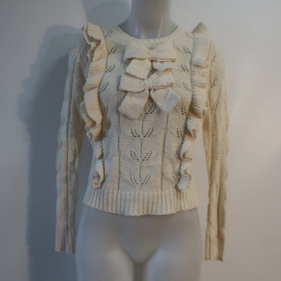 Womens LoveShackFancy Kennie Cream Double Bows  Ruffled Trim Sweater XS - Picture 7 of 11
